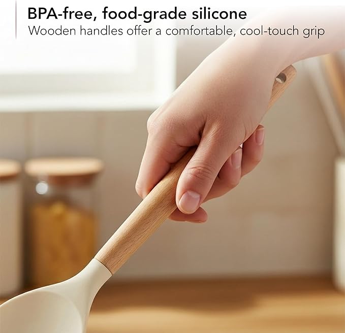 OVENTE Silicone Cooking Utensils Set, 17pcs Heat Resistant Kitchen Tools and Gadgets for Nonstick Cookware, BPA Free Spatula Set with Wooden Handle, Cup Holder, Oven Gloves and Hot Pads, Cream SPS17CR