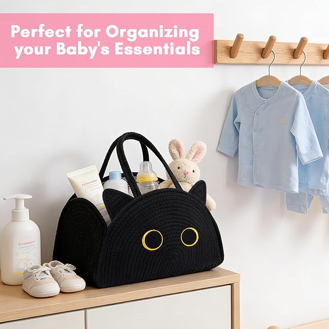 Black Cat Baby Diaper Caddy Organizer, Cute Cat Woven Cotton Rope Basket for Nursery, Portable Caddy Empty Gift Basket, Large Bag Baby Shower Towels Wipes for Newborn Essentials Storage Bins
