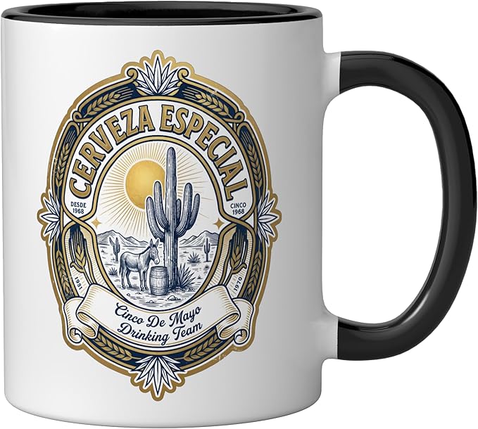 Beer Label Cerveza Cinco De Mayo Drinking Team Ceramic Mug, Black/White