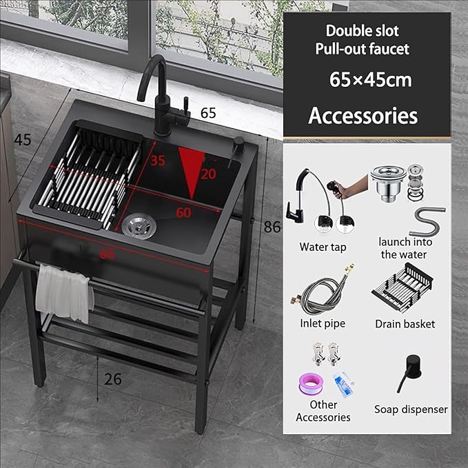 Commercial Kitchen Sink,Black Laundry Room Sink,Stainless Steel Stand Alone,Set with Drain Basket, Hot and Cold Tap,Adjustable Leg Height,for Restaurant,Room,Backyard,Garage