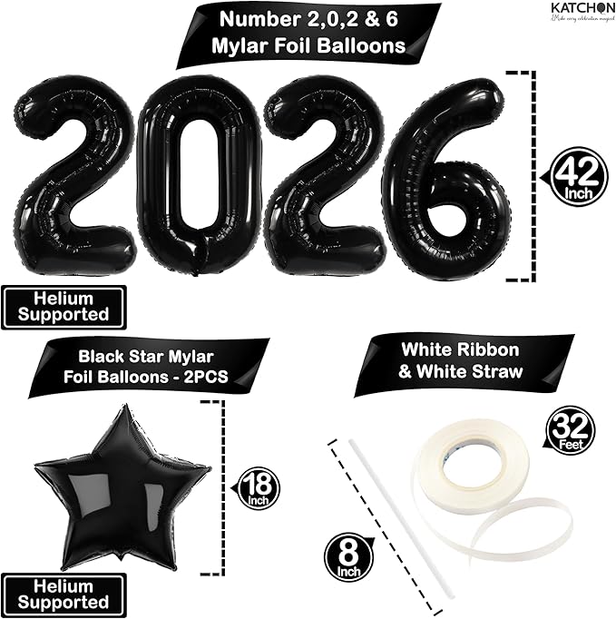 Katchon, Big Black Giant 2026 Balloons - 42 Inch | 2026 Graduation Balloons with Black Star Balloons for Graduation Decorations 2026 Graduation Party Decorations, Prom Decorations 2026