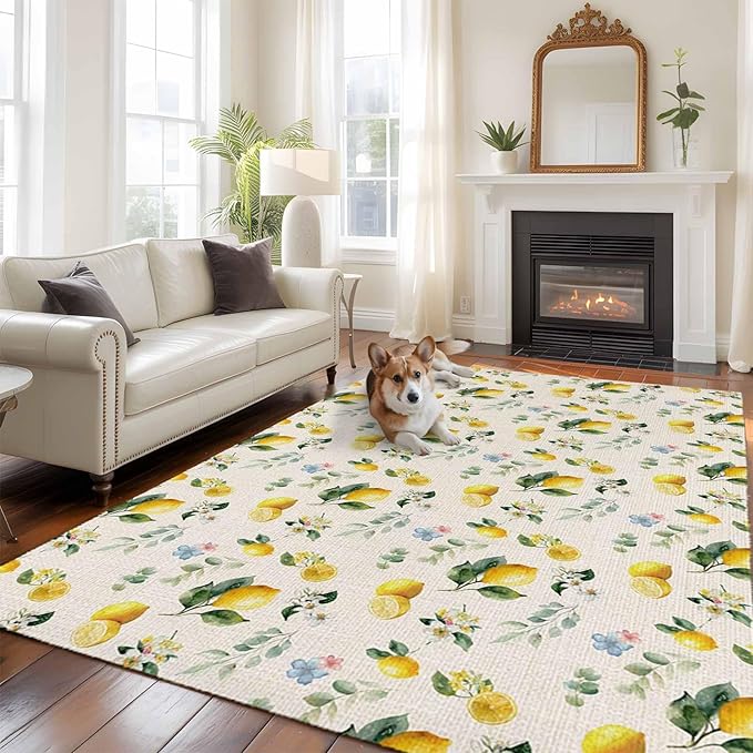 Area Rug 8x10ft, Country Lemon Flower Leaf Washable Rugs for Living Room Bedroom, Pastoral Fruit Plant Vintage Linen Soft Non-Slip Area Rugs Rectangle Floor Carpet for Dining Room