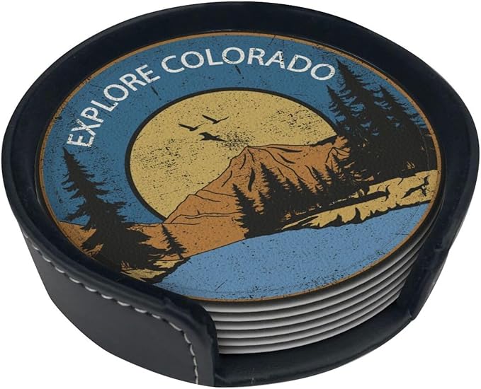 Colorado Lake Leather Drinks Coasters with Holder, Set of 6, Suitable for Various Cups