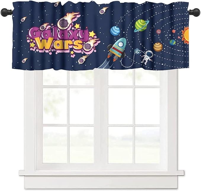 Cartoon Space Valance, Fun Galaxy War Planet Rocket Kids Boys Window Treatment for Kitchen Dining Bedroom Nursery, 54x18Inch