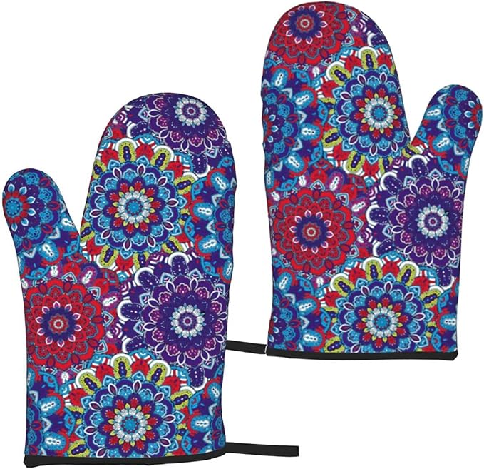 Boho Floral Oven Mitts of 2 Pack, Funny Kitchen Gloves Heat Resistant Non-Slip Kitchen Mitts for Cooking Baking Grilling