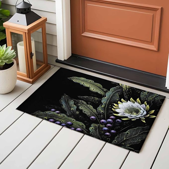 Area Rug 2x3ft, Watercolor Flower Berry Leaves Washable Rugs for Living Room Bedroom, Botanical Plant Dark Style Soft Non-Slip Area Rugs Rectangle Floor Carpet for Dining Room