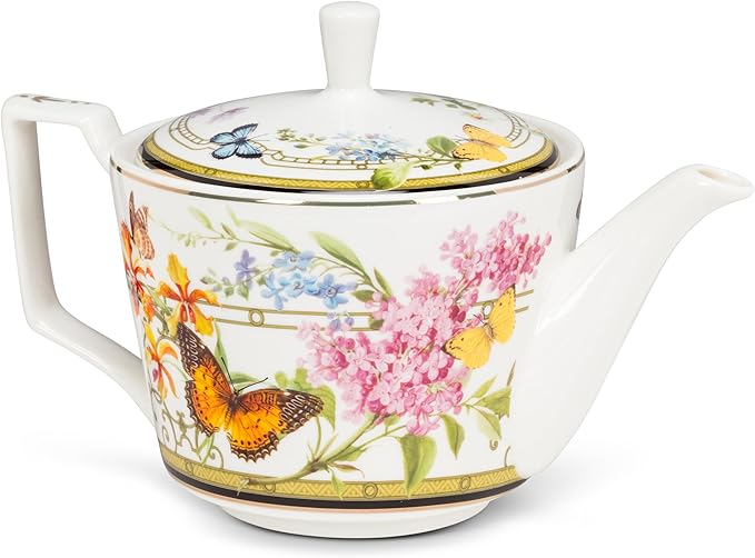 Abbott Collection Butterfly Garden Teapot - Bone China, White/Green, 8.5"L (22oz)