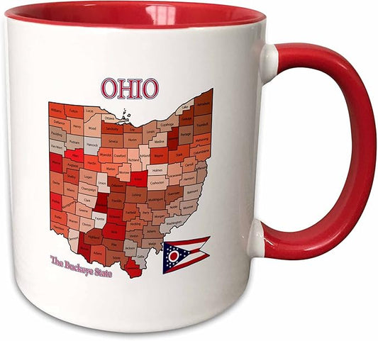 3dRose Map, flag and nickname of Ohio with all counties colored and labeled 11oz Two-Tone Red Mug