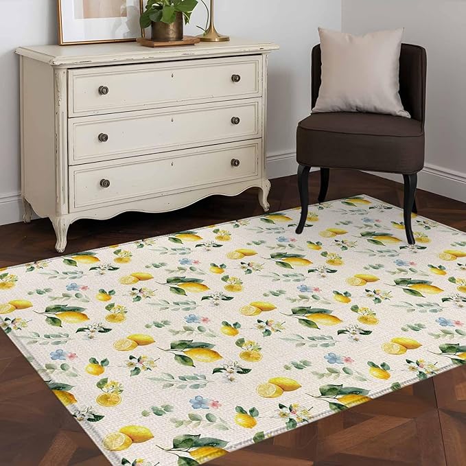 Area Rug 3x5ft, Country Lemon Flower Leaf Washable Rugs for Living Room Bedroom, Pastoral Fruit Plant Vintage Linen Soft Non-Slip Area Rugs Rectangle Floor Carpet for Dining Room