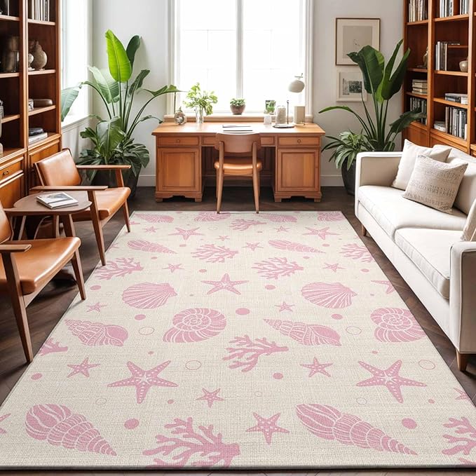 Area Rug 8x10ft, Ocean Pink Shell Coral Conch Washable Rugs for Living Room Bedroom, Marine Starfish on Farm Burlap Soft Non-Slip Area Rugs Rectangle Floor Carpet for Dining Room
