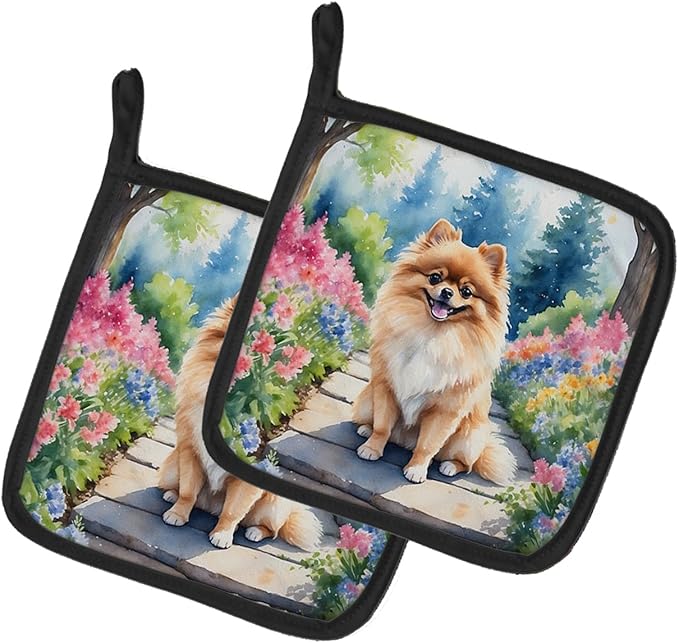 Caroline's Treasures Pomeranian Spring Path Pair of Pot Holders Kitchen Heat Resistant Pot Holders Sets Oven Hot Pads for Cooking Baking BBQ, 7 1/2 x 7 1/2
