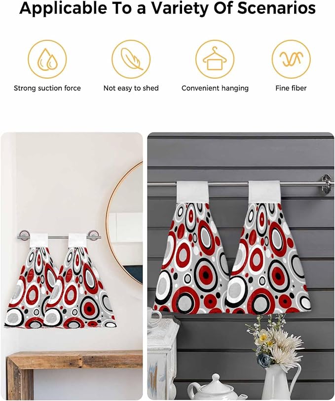 Alandar Home Kitchen Tie Towel Set of 2, Red White Black Circle on Gray Absorbent Soft Hand Towels for Bathroom Hanging Towels, Modern Geometric Art Fast Drying Cleaning Cloth with Loop