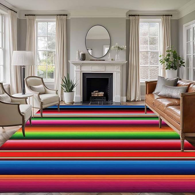 Area Rug 6x9ft, Mexico Art Colorful Stripes Washable Rugs for Living Room Bedroom, Color Gradient Lines Soft Non-Slip Area Rugs Rectangle Floor Carpet for Dining Room