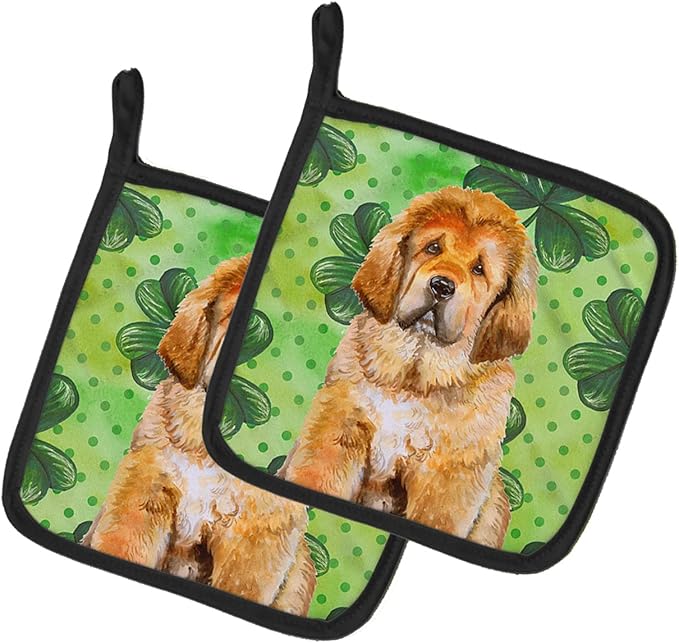Caroline's Treasures BB9895PTHD Tibetan Mastiff St Patrick's Pair of Pot Holders, Green Kitchen Heat Resistant Pot Holders Sets Oven Hot Pads for Cooking Baking BBQ, 7 1/2 x 7 1/2