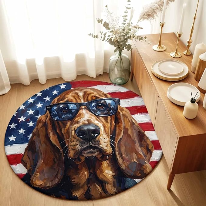 Washable Round Area Rug Independence Day USA Flag Circle Rugs Floor Carpet for Living Room Bedroom, Basset Hound Patriotic Sunglasses Soft Non Slip Round Rug 5ft