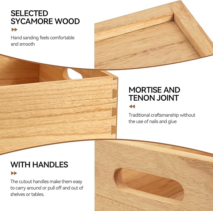 KIRIGEN Nesting Wood Crates with Handles Set of 3 - Farmhouse Decor Wooden Storage Containers/ Portable Rolling Tray Basket/ Crates Decorative Boxes Natural 3TH-NA