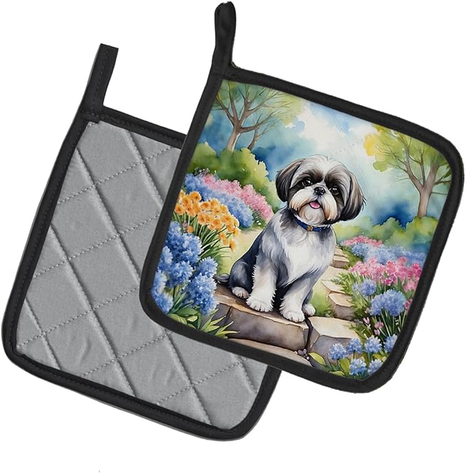 Caroline's Treasures Shih Tzu Spring Path Pair of Pot Holders Kitchen Heat Resistant Pot Holders Sets Oven Hot Pads for Cooking Baking BBQ, 7 1/2 x 7 1/2