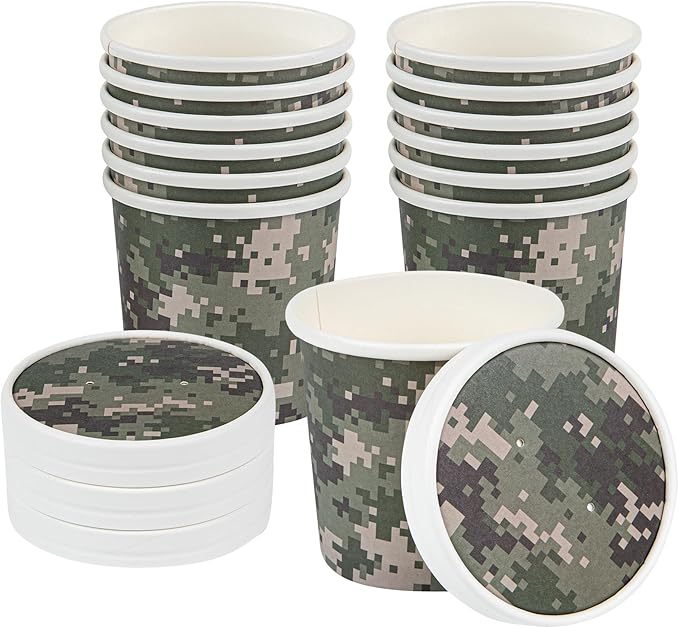 Restaurantware LIDS ONLY: Bio Tek Soup Container Lids 200 Disposable Bowl Lids For 12 Ounce Soup Cups - Containers Sold Separately Vented Camouflage Paper Soup Container Lids Round