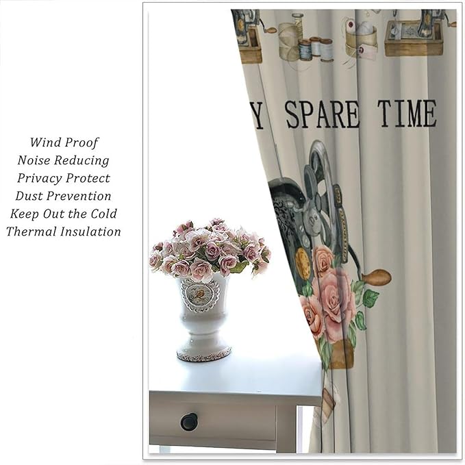 Sewing Theme Curtain,Sewing Machine Rose Flower Pattern Window Treatment Curtains Home Decor for Bedroom Cafe Dining Room Office Living Room Kitchen Drapes, 52x96 in
