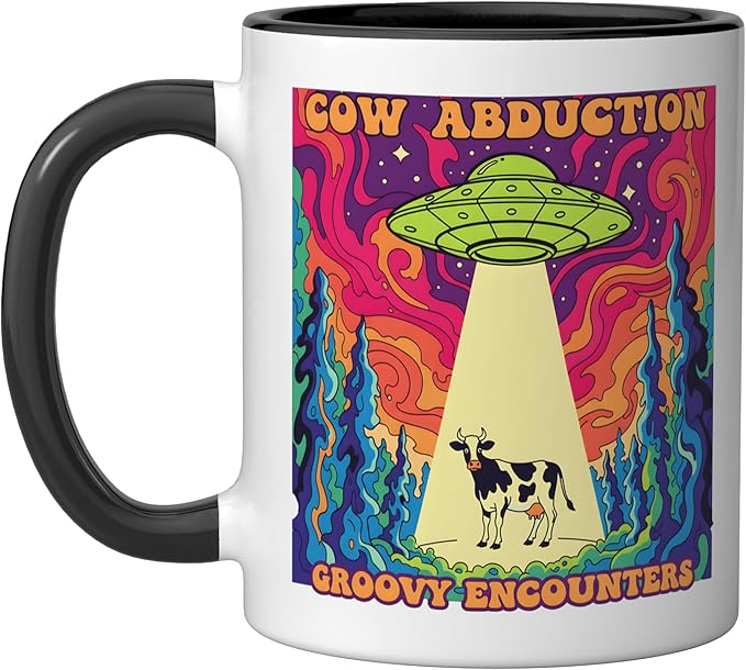 Groovy UFO Cow Abduction Psychedelic Retro Alien Art Ceramic Mug, Black/White
