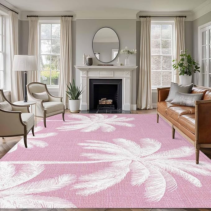 Area Rug 9x12ft, Boho Pink Palm Trees Vintage Washable Rugs for Living Room Bedroom Rectangle Floor Carpet, Summer Tropical Leaves Soft Non-Slip Area Rugs for Dining Room