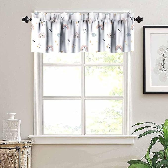 Kids Rainbow Valance Curtain, Cute Cartoon Boho Rainbow Heart Stars Window Treatment for Kitchen Bedroom Living Room Nursery, 54x18Inch