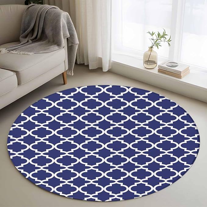 Washable Round Area Rug Navy Blue Moroccan Plaid Circle Rugs Floor Carpet for Living Room Bedroom, White Line Buffalo Lattice Soft Non Slip Round Rug 3ft