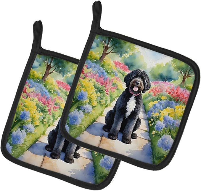 Caroline's Treasures Portuguese Water Dog Spring Path Pair of Pot Holders Kitchen Heat Resistant Pot Holders Sets Oven Hot Pads for Cooking Baking BBQ, 7 1/2 x 7 1/2