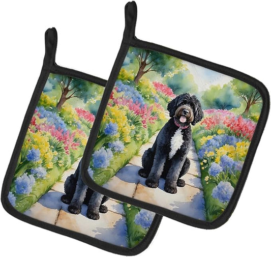 Caroline's Treasures Portuguese Water Dog Spring Path Pair of Pot Holders Kitchen Heat Resistant Pot Holders Sets Oven Hot Pads for Cooking Baking BBQ, 7 1/2 x 7 1/2