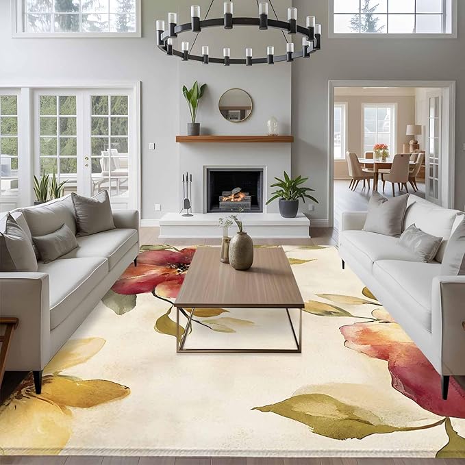 Area Rug 6x9ft, Oil Painting Style Flowers Washable Rugs for Living Room Bedroom, Vintage Country Floral Soft Non-Slip Area Rugs Rectangle Floor Carpet for Dining Room