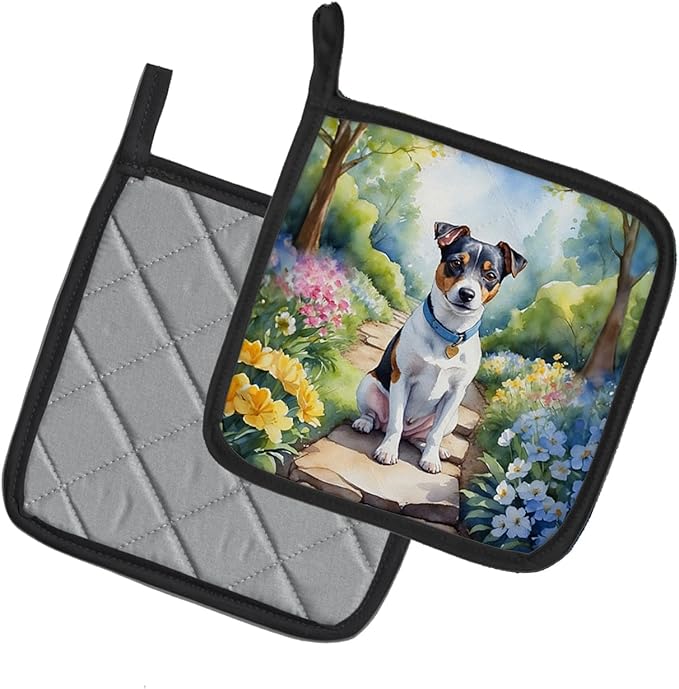 Caroline's Treasures Jack Russell Terrier Spring Path Pair of Pot Holders Kitchen Heat Resistant Pot Holders Sets Oven Hot Pads for Cooking Baking BBQ, 7 1/2 x 7 1/2