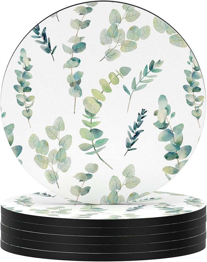 Nipichsha Coasters for Drinks, Set of 6 Cute Absorbent Rubber Drink Coasters for Cup with Non Slip Backing, Kitchen Home Decor Housewarming Gift, Round 4 in, Eucalyptus Leaf