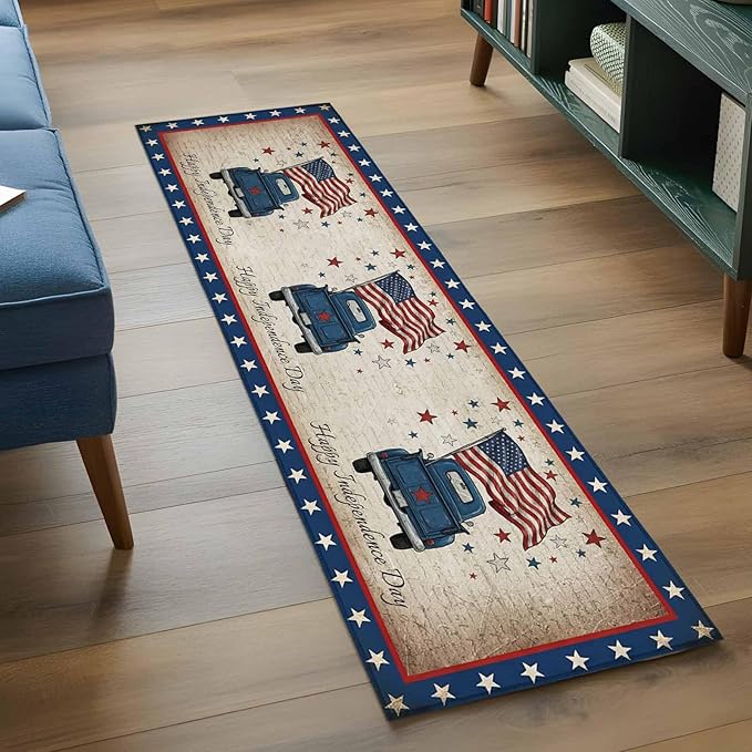 Runner Rug for Bedroom Hallway, Happy Independence Day USA Flag Kitchen Runner Rugs Area Rug 2x6ft, Retro Blue Truck Washable Soft Floor Carpet for Entryway Stair