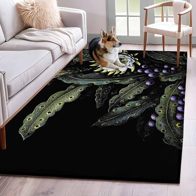 Area Rug 4x6ft, Watercolor Flower Berry Leaves Washable Rugs for Living Room Bedroom, Botanical Plant Dark Style Soft Non-Slip Area Rugs Rectangle Floor Carpet for Dining Room