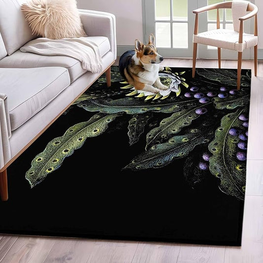 Area Rug 4x6ft, Watercolor Flower Berry Leaves Washable Rugs for Living Room Bedroom, Botanical Plant Dark Style Soft Non-Slip Area Rugs Rectangle Floor Carpet for Dining Room
