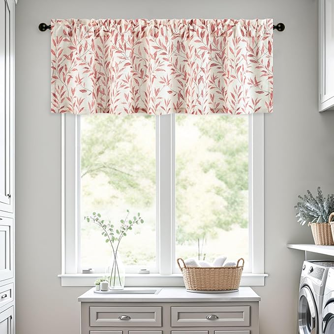 Leeva Faux Linen Leaves Print Kitchen Valances - Rod Pocket Room Darkening Farmhouse Window Toppers for Living Room & Bedroom, Red, 60 x 18 Inches
