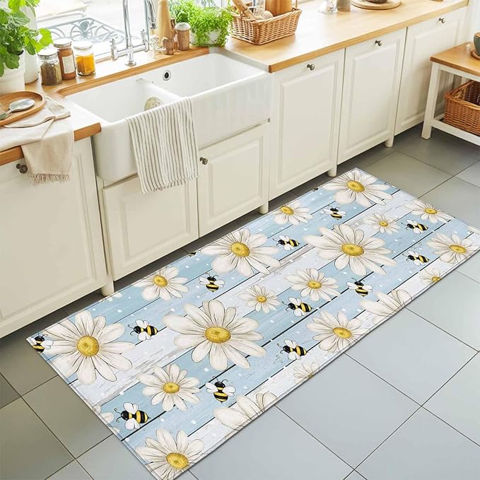 Runner Rug for Bedroom Hallway, Watercolor White Daisy Floral Bee Kitchen Runner Rugs Area Rug 2x6ft, Rustic Light Blue Wood Plank Washable Soft Floor Carpet for Entryway Stair