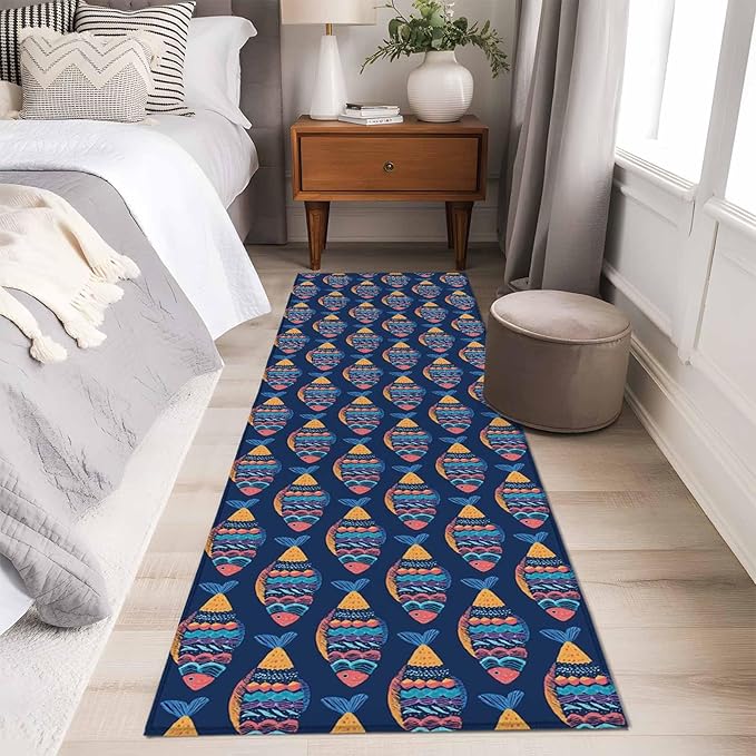 Runner Rug for Bedroom Hallway, Ethnic Style Ocean Fish Kitchen Runner Rugs Area Rug 2x6ft, Watercolor Marine Life on Navy Blue Washable Soft Floor Carpet for Entryway Stair