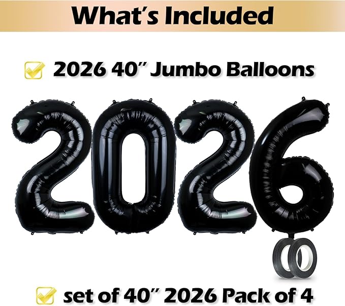 40 Inch 2026 Pack of 4 Black Big Helium Foil Balloon Numbers Large Mylar Number for Christmas New Year's Eve Party Graduation Birthday