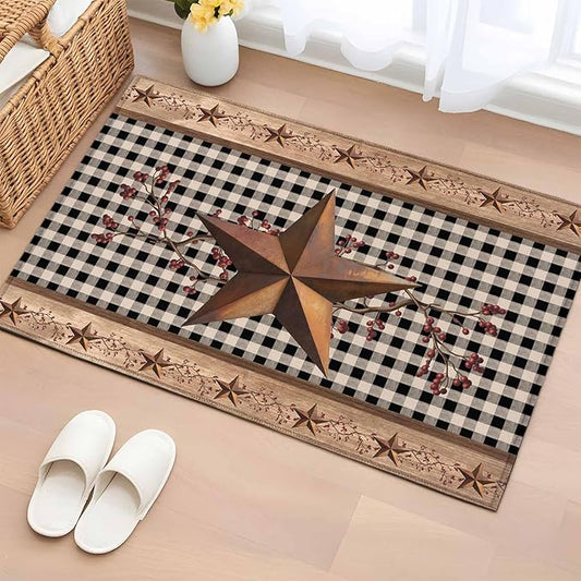 Brown Texas Star Retro 2x3 Door Mat Rug, Country Star Non-Skid Rubber Backing Large Rectangle Rugs - Living Room Bedroom Home Office, Black White Plaid Wooden Indoor Floor Mat Carpets Washable Rug