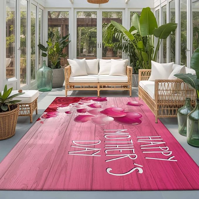 Area Rug 3x5ft, Mother's Day Love Balloon Rose Washable Rugs for Living Room Bedroom, Gradient Pink Wood Grain Soft Non-Slip Area Rugs Rectangle Floor Carpet for Dining Room