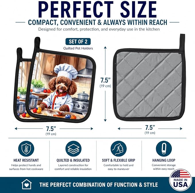 Caroline's Treasures Chocolate Poodle The Chef Pair of Pot Holders Kitchen Heat Resistant Pot Holders Sets Oven Hot Pads for Cooking Baking BBQ, 7 1/2 x 7 1/2