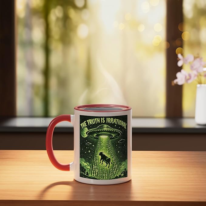 UFO The Truth Is Irrational Cow Abduction 3.14 Math Pi Day Ceramic Mug, Red/White