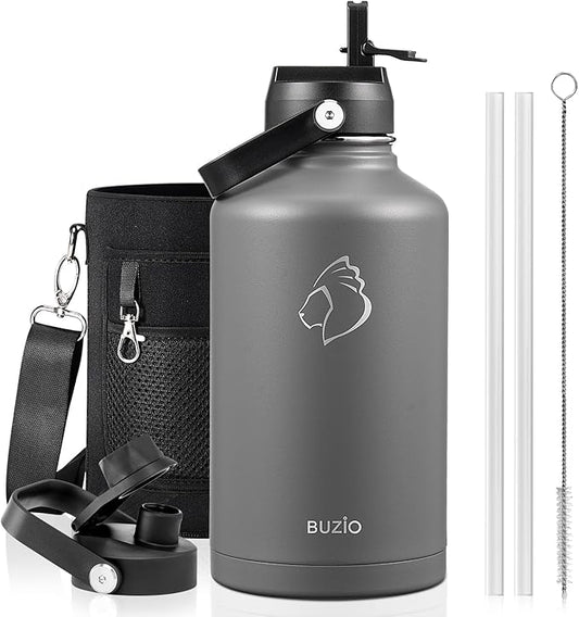 BUZIO 64oz Water Bottle Insulated Stainless Steel (Cold for 48 Hrs/Hot for 24 Hrs) BPA Free Double Wall Travel Mug/Flask for Outdoor Sports Hiking, Cycling, Cam,Camping, Running- Graphite