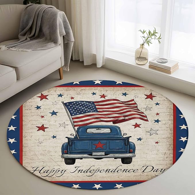 Washable Round Area Rug Happy Independence Day USA Flag Circle Rugs Floor Carpet for Living Room Bedroom, Retro Blue Truck Soft Non Slip Round Rug 4ft