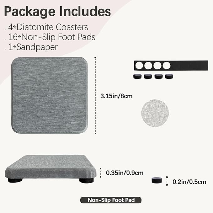 NiuYichee 4PCS Water Absorbent Stone Coasters, Quick-Drying Diatomite Soap Dish, Stone Soap Trays for Kitchen & Bathroom Sink, 3.15 x 3.15in, Grey