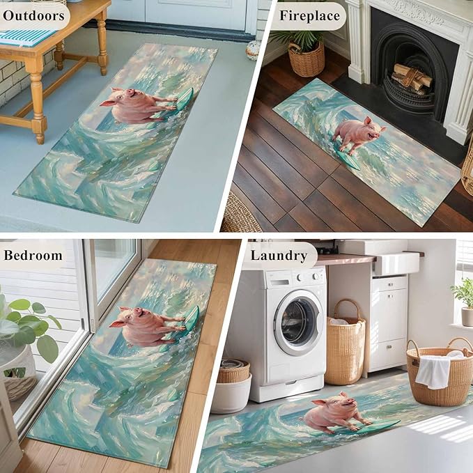 Runner Rug for Bedroom Hallway, Surfing Farm Pink Pig Kitchen Runner Rugs Area Rug 2x6ft, Summer Blue Sea Wave Beach Washable Soft Floor Carpet for Entryway Stair