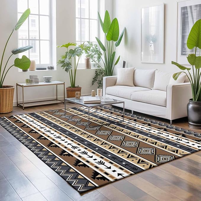 Area Rug 4x6ft, Boho Tribal Stripes Washable Rugs for Living Room Bedroom, Ethnic Borders Arrow Motifs Soft Non-Slip Area Rugs Rectangle Floor Carpet for Dining Room