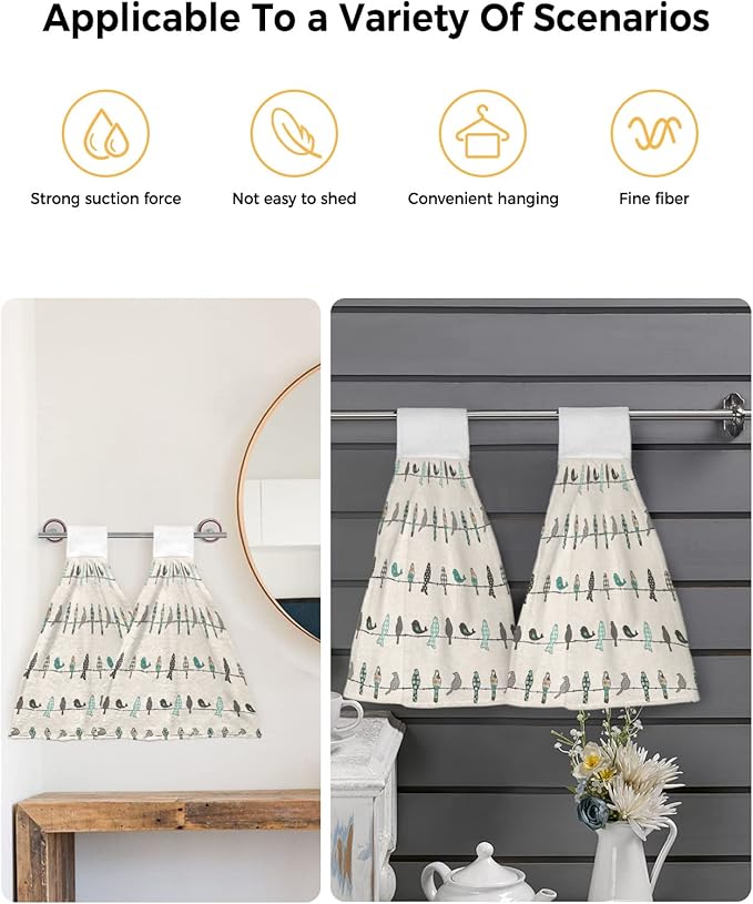Alandar Home Kitchen Tie Towel Set of 2, Buffalo Check Floral Texture Bird Animal Absorbent Soft Hand Towels for Bathroom Hanging Towels, Vintage Burlap Cotton Fast Drying Cleaning Cloth with Loop