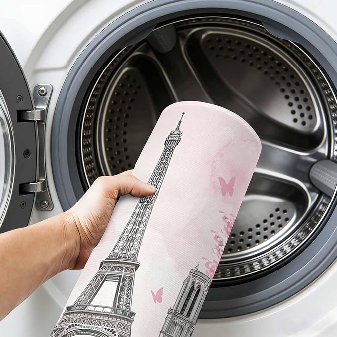Area Rug 3x5ft, Modern Pink Flower Paris Landmarks Washable Rugs for Living Room Bedroom, Towel Architecture Soft Non-Slip Area Rugs Rectangle Floor Carpet for Dining Room